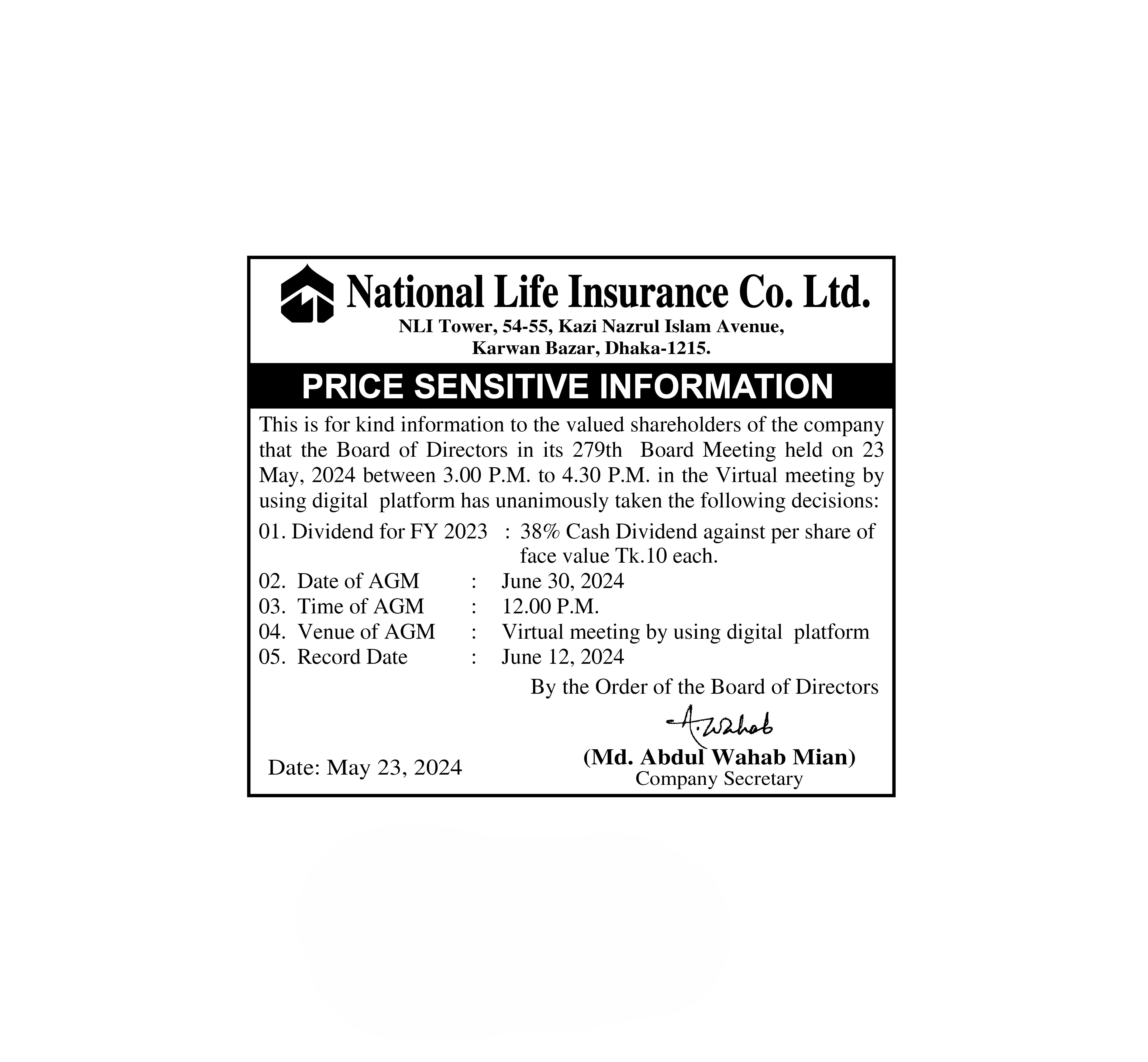 PRICE SENSITIVE INFORMATION